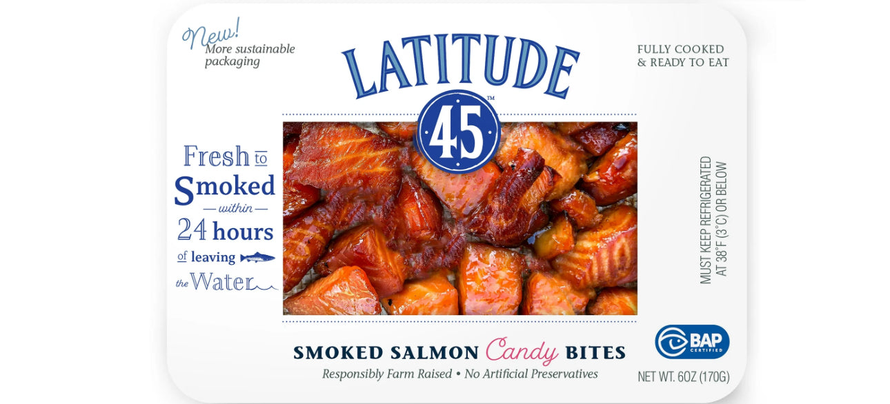 Latitude 45 Smoked Candy Salmon Bites, Ready to Eat Pack, 6oz image 0
