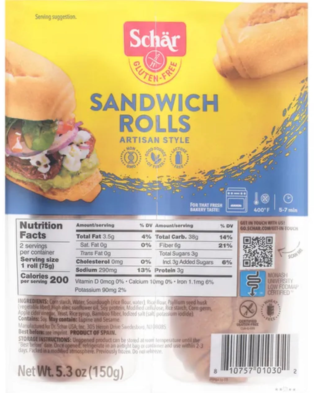 Schär (4) Sandwich Rolls, Gluten-Free, Artisan Style (Twin Pack) image 0