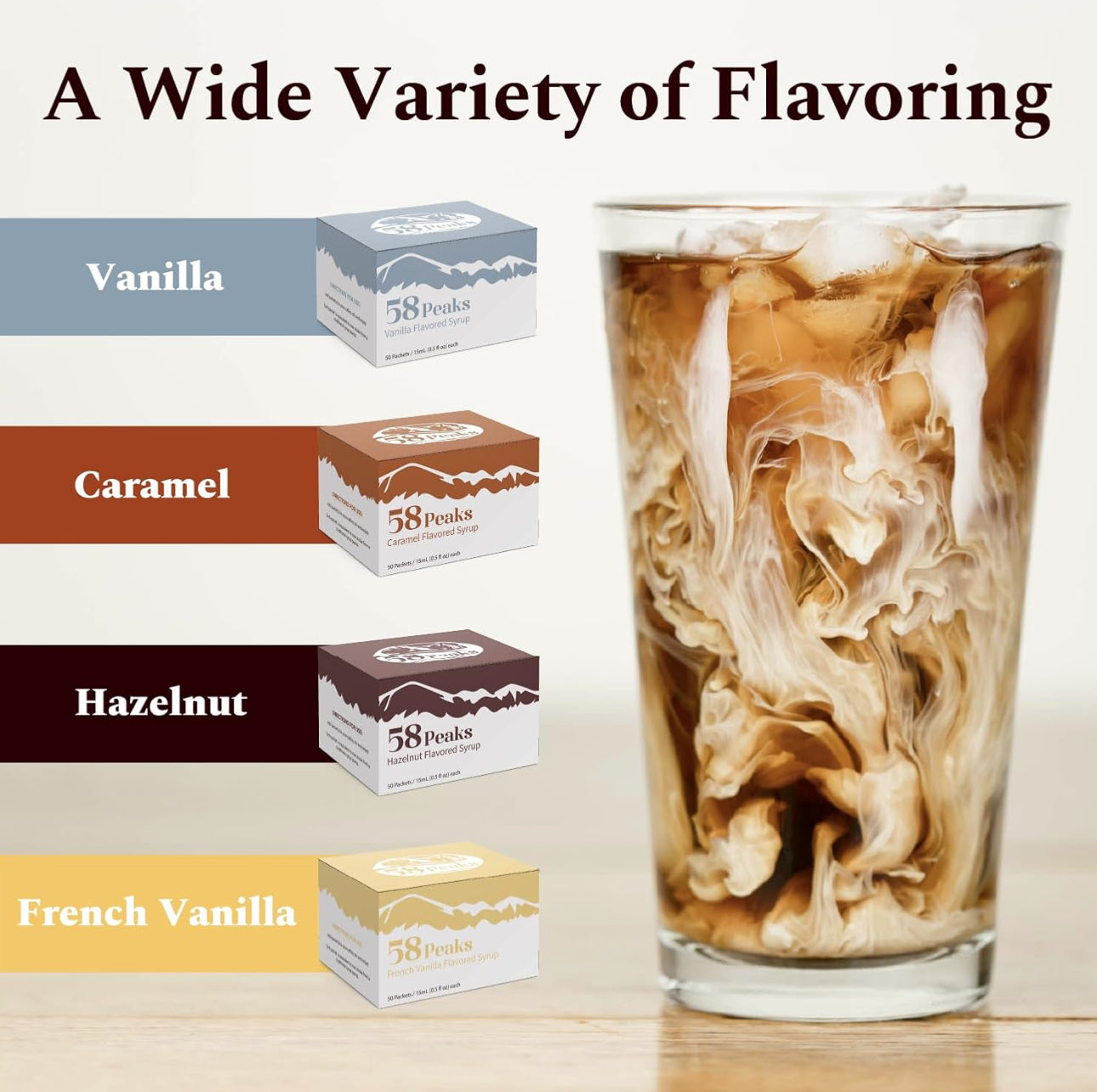 Syrup Sweetener Variety Packets for Hot and Cold Drinks | Vanilla, Caramel, French Vanilla & Hazelnut