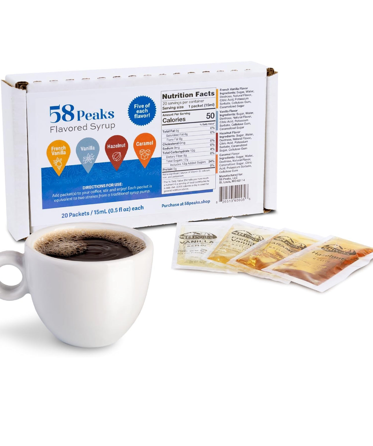 Syrup Sweetener Variety Packets for Hot and Cold Drinks | Vanilla, Caramel, French Vanilla & Hazelnut